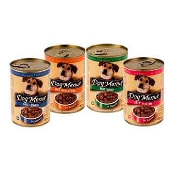 Konzerva Dog Menue mix balení – 4 príchute – hovädzie, hydinové, pečeň, kuracie – 20 × 415 g (9120041365751)