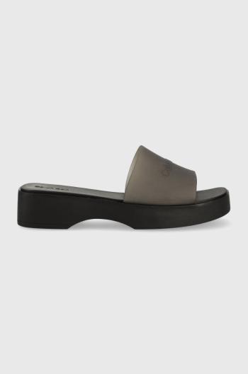 Šľapky Calvin Klein WEDGE SLIDE - TRANSP dámske, čierna farba, na platforme, HW0HW01514