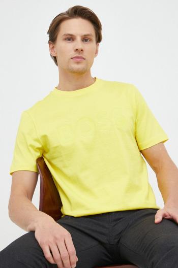 Bavlnené tričko BOSS žltá farba, s potlačou