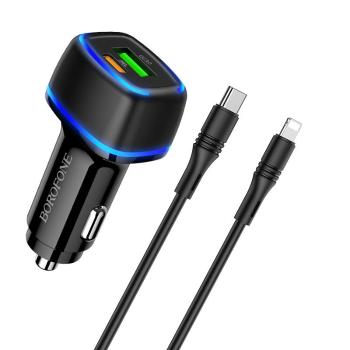 Borofone nabíjačka do auta s káblami USB - USB-C, Lightning - Čierna KP24022