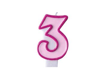 Narodeninová sviečka 3, ružová, 7 cm - PartyDeco