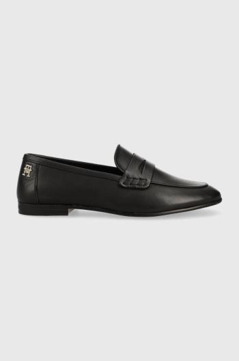 Kožené mokasíny Tommy Hilfiger TH LOAFER dámske, čierna farba, na plochom podpätku, FW0FW06991