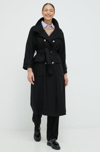 Vlnený kabát Sisley čierna farba, prechodný, dvojradový