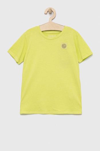 Obojstranné bavlnené tričko Guess zelená farba, jednofarebný