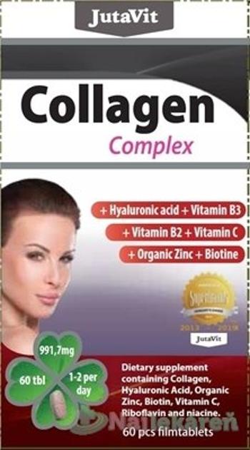 JutaVit Kolagén komplex + kyselina hyalurónová vitamíny B3 B2 C + organický zinok a biotín 60 tabliet