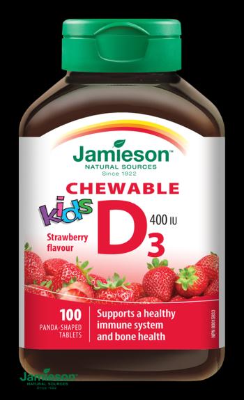 Jamieson Vitamín D3 Kids 400IU tablety na cmúľanie s príchuťou jahody pre deti 100 tabliet