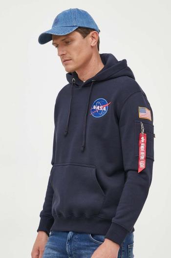 Mikina Alpha Industries Space pánska, tmavomodrá farba, s kapucňou, s potlačou