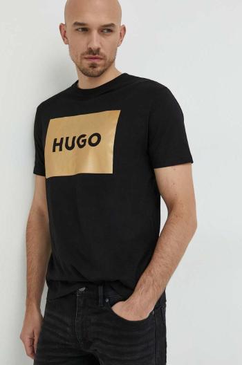 Bavlnené tričko HUGO čierna farba, s potlačou