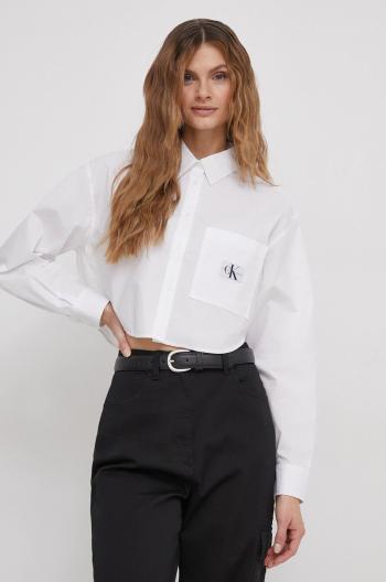 Bavlnená košeľa Calvin Klein Jeans dámska,biela farba,voľný strih,s klasickým golierom,J20J222614