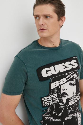 Bavlnené tričko Guess tyrkysová farba, s nášivkou