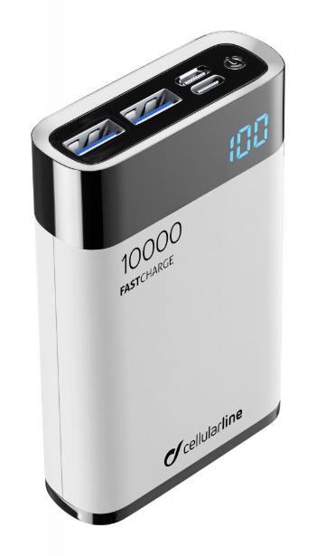 Kompaktní powerbanka Cellularline FreePower Manta HD 10000mAh, Smartphone Detect, USB-C + 2xUSB port, bílá