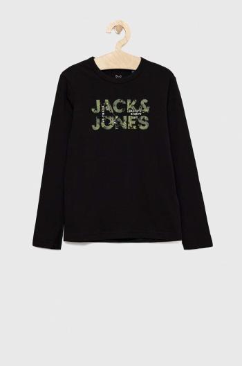 Detská bavlnená košeľa s dlhým rukávom Jack & Jones čierna farba, s potlačou