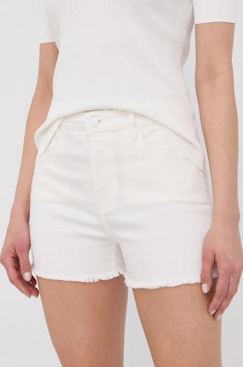 Rifľové krátke nohavice Love Moschino dámske, biela farba, jednofarebné, vysoký pás