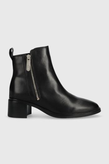 Kožené členkové topánky Tommy Hilfiger Zip Leather Mid Heel Boot dámske, čierna farba, na podpätku,