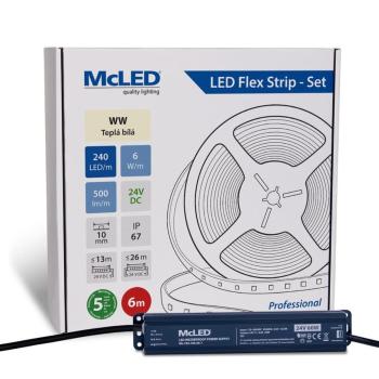 McLED LED páska - sada 6 m, 240 LED/m, WW, 6 W/m, DC 24V, 500 lm/m, CRI90, IP67, 10 mm, vodič 3 m ML-126.034.90.S06001