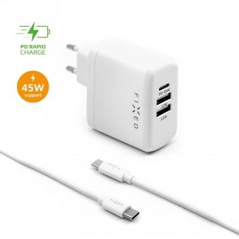 Set síťové nabíječky FIXED s USB-C a 2xUSB výstupem a USB-C/USB-C kabelu, podpora PD, 45W, bílý