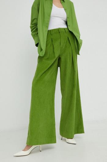 Manšestrové nohavice Gestuz Megan dámske, zelená farba, široké, vysoký pás