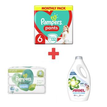 PAMPERS PANTS S6 132KS, 15+ KG + WIPES 144KS (3X48) HARMONIE AQUA + ARIEL 34PD 1.7L SENSITIVE SKIN