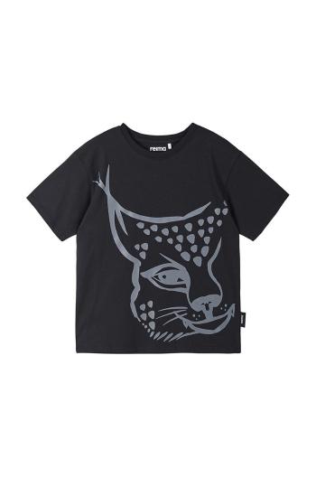 Detské bavlnené tričko Reima čierna farba, s potlačou