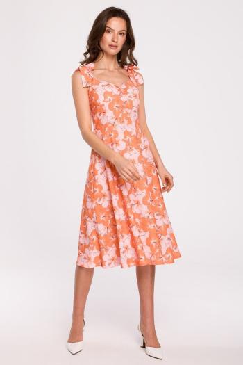 Oranžovo-ružové kvetované midi šaty K134