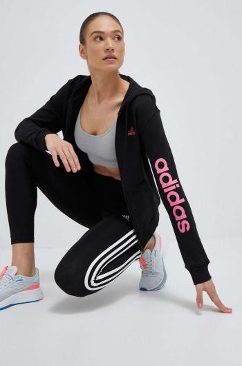 Bavlnená mikina adidas dámska, čierna farba, s kapucňou, jednofarebná