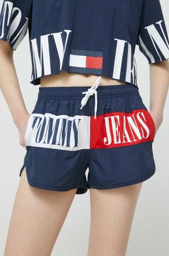 Šortky Tommy Jeans dámske, tmavomodrá farba, vzorované, stredne vysoký pás