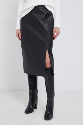 Kožená sukňa Calvin Klein čierna farba, midi, rovná