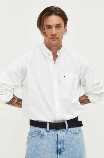 Bavlnená košeľa Tommy Jeans pánska, biela farba, voľný strih, s golierom button-down