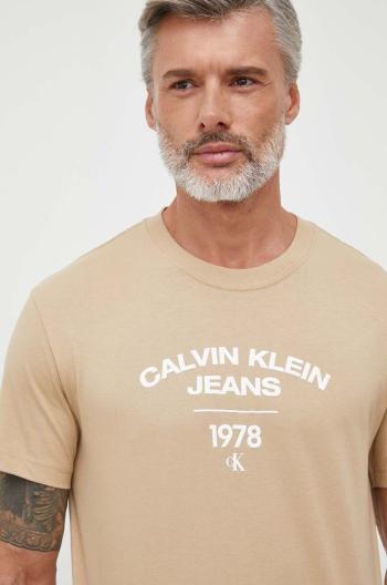 Bavlnené tričko Calvin Klein Jeans béžová farba, s potlačou