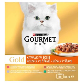 GOURMET Gold Multipack 8x85g kačica s olivami/pstruh so zeleninou/králik s mrkvou/teľacou so zeleninou v šťave