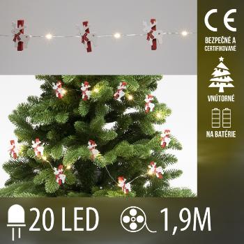 Vianočná LED svetelná reťaz vnútorná na batérie - drevené soby so štipcami - 20LED - 1,9M Teplá Biela