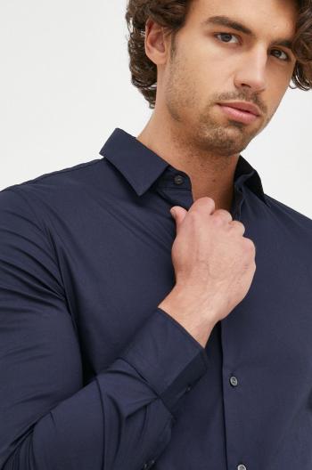 Košeľa Sisley pánska, tmavomodrá farba, slim, s klasickým golierom