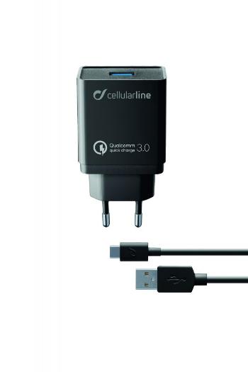 Nabíjecí set USB adaptéru a USB-C kabelu Cellularline, Qualcomm® Quick Charge™ 3.0, 18W, černý