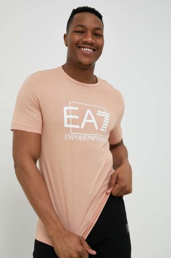 Bavlnené tričko EA7 Emporio Armani hnedá farba, s potlačou