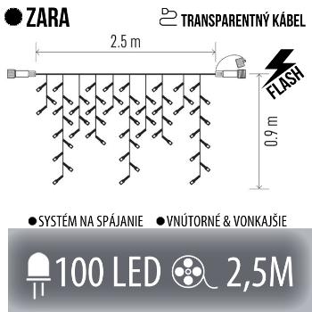 ZARA spojovateľná LED svetelná záclona vonkajšia FLASH - 100LED - 2,5M Studená biela - transparentný kábel