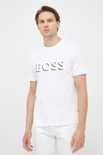 Bavlnené tričko BOSS biela farba, s potlačou