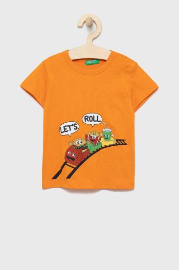 Detské bavlnené tričko United Colors of Benetton oranžová farba, s potlačou