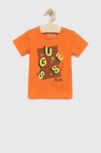 Detské bavlnené tričko Guess oranžová farba, vzorovaný