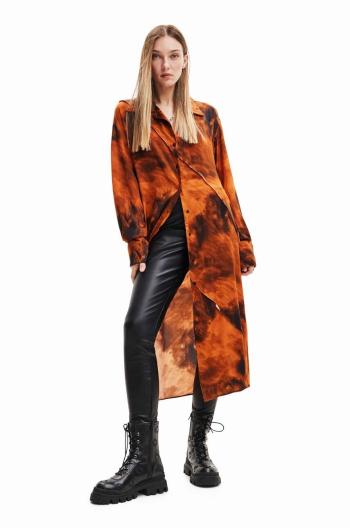 Šaty Desigual 23WWVWAG WOMAN WOVEN DRESS LONG SLEEVE oranžová farba, midi, rovný strih