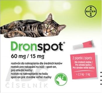 Dronspot 60 mg/15 mg spot-on (2 pipety) pre stredne veľké mačky (>2,5 - 5 kg) 2x0,7 ml