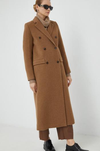 Kabát Samsoe Samsoe dámsky, hnedá farba, prechodný, dvojradový