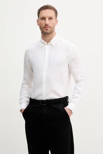 Ľanová košeľa BOSS pánska, biela farba, slim, s golierom button-down, 50520283