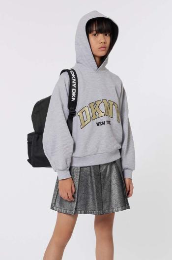 Detská mikina Dkny šedá farba, s kapucňou, s potlačou, D60249