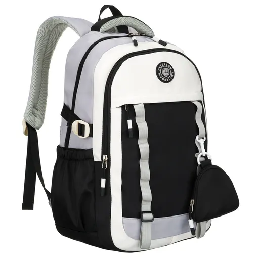 Bielo-čierny školský batoh z odolného polyesteru s praktickou taštičkou - Peterson