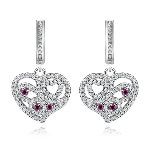 Náušnice zo striebra 925, srdiečko zdobené čírymi a ružovými zirkónikmi