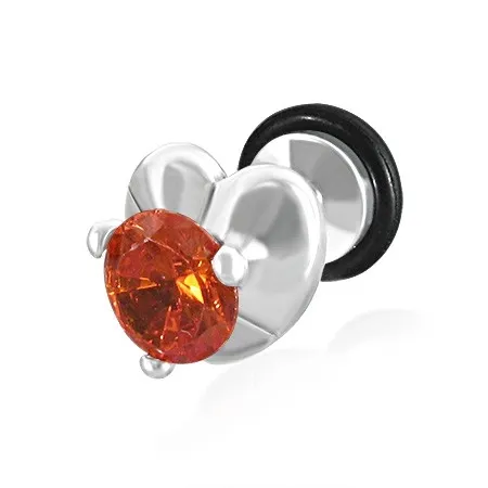 Falošný plug do ucha - srdce a oranžovočervený zirkón