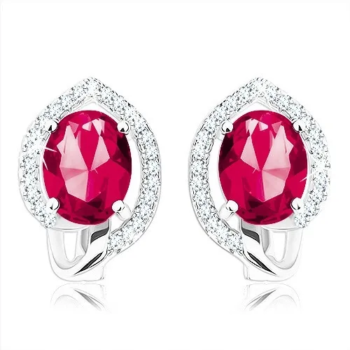 Náušnice zo striebra 925, oválny červenoružový zirkón v čírej kontúre zrnka