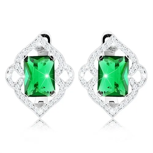 Náušnice zo striebra 925, zelený zirkónový obdĺžnik, číre kontúry listov