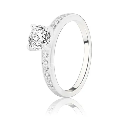 Zásnubný prsteň zo striebra 925 - lesklé ramená so zirkónikmi, väčší zirkón v kotlíku - Veľkosť: 49 mm