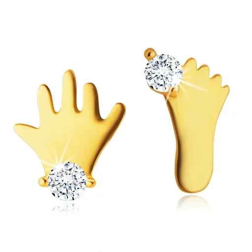 Puzetové náušnice v žltom 14K zlate - silueta nožičky a rúčky s čírym zirkónom